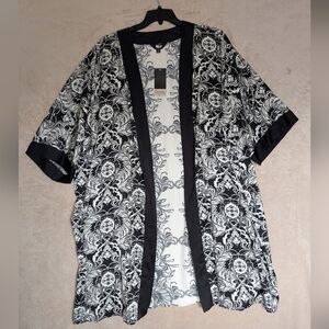 Slim Factor Black & White Floral Patterned Kimono Jacket Size 3XL